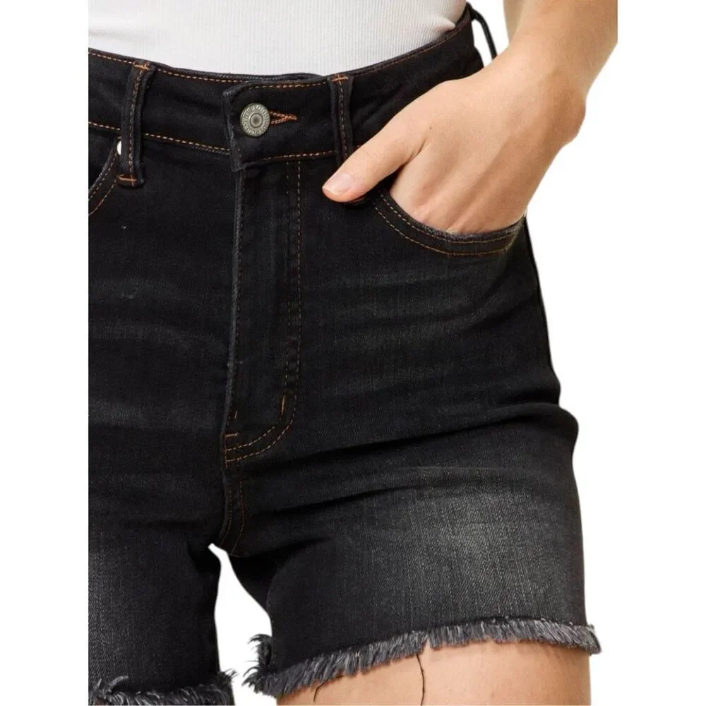 Judy Blue Black Tummy Control Shorts High Rise Fray Hem Plus Size NWT